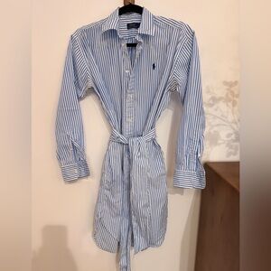 Ralph Lauren Blue & White Striped Button-Front Shirt Dress with Waist Tie